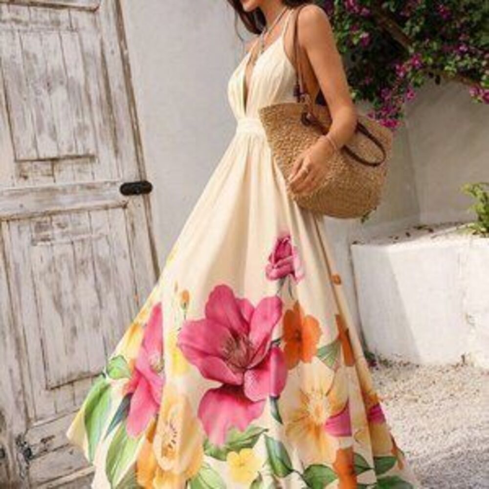 Multicolor Boho Vacay Women's Floral Print Deep V Neck Backless Maxi Dress - Picture 5 of 5